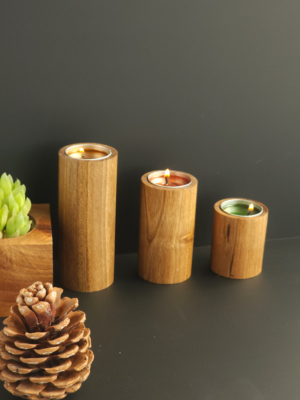 ست سهتکه شمعدان چوب گردو دستساز | Walnut Candlestick Set