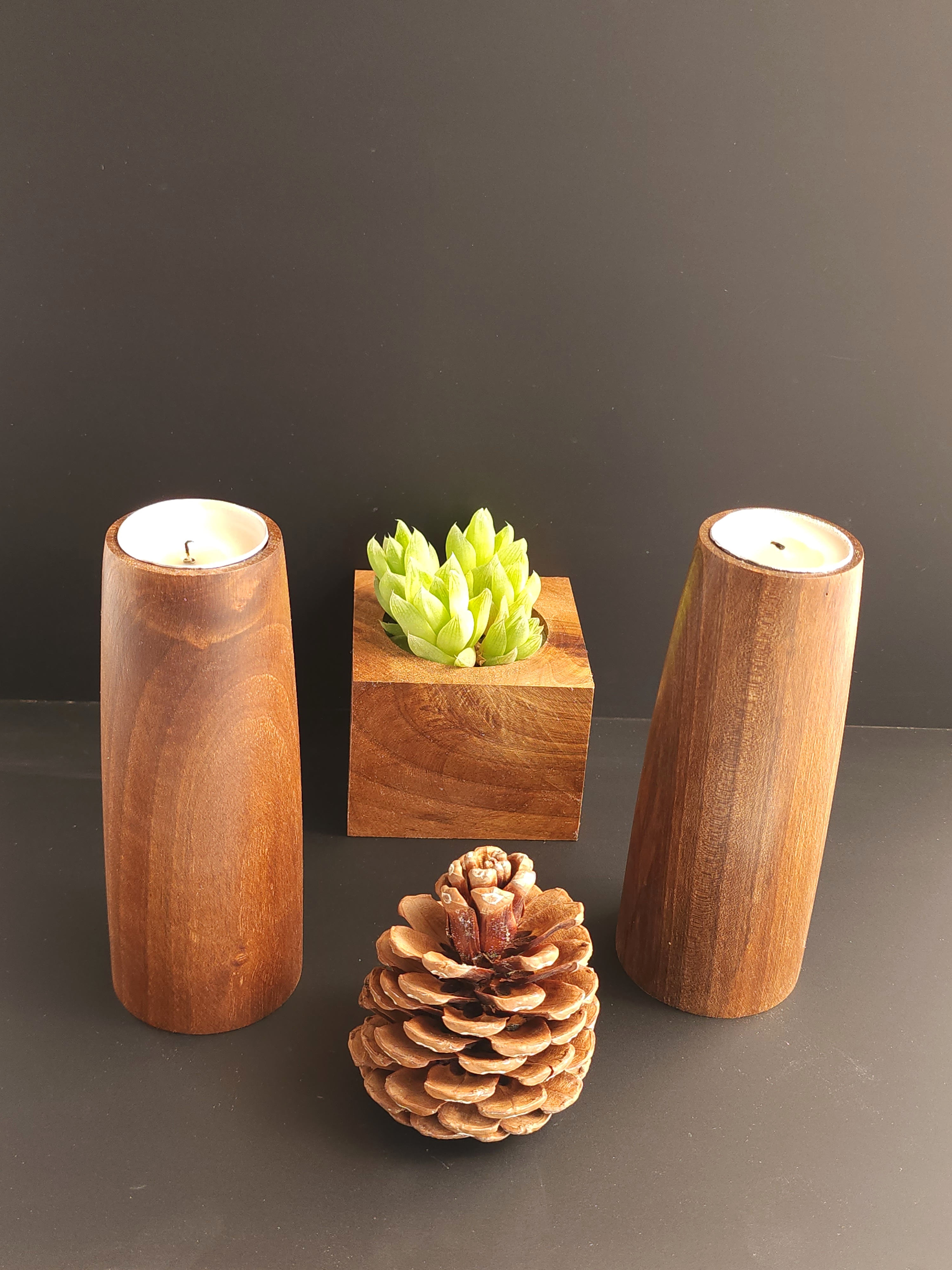 ست دوعددی جا شمعی چوب گردو دست‌ساز | Wooden Candle Holder Set