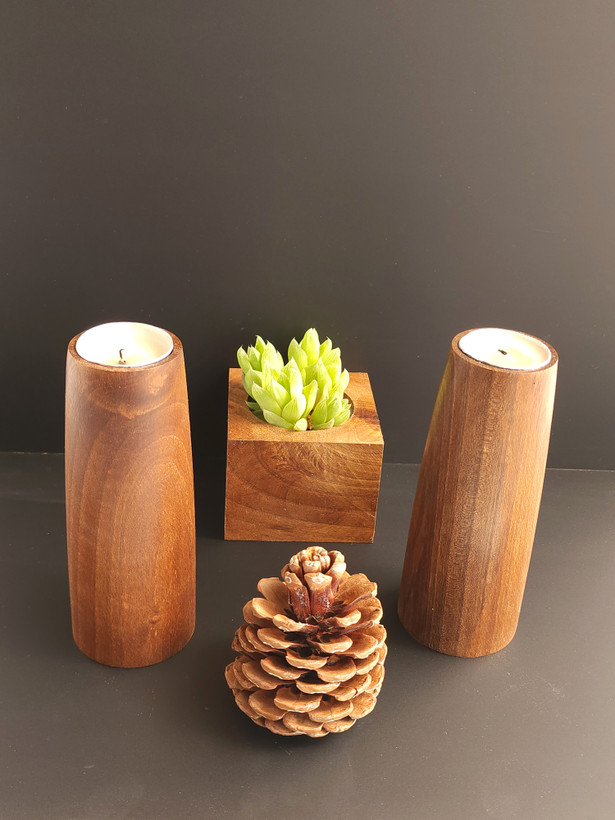 ست دوعددی جا شمعی چوب گردو دستساز | Wooden Candle Holder Set